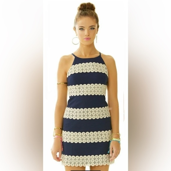 Lilly Pulitzer Annabelle True Navy/Metallic Gold Lace Stripe Shift Dress 4 - Picture 15 of 15